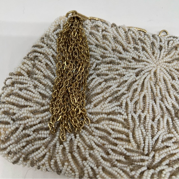 Vintage 1960s Ivory Starburst Beaded Clutch with Gold Chain & Tassels
